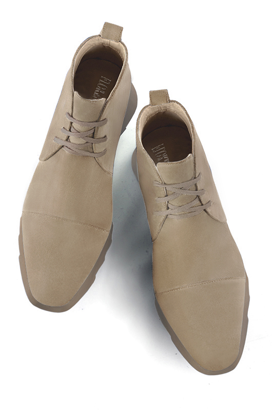 Tan beige women's ankle boots with laces at the front. Square toe. Low rubber soles. Top view - Florence KOOIJMAN